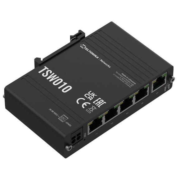 A large main feature product image of Teltonika TSW010 Din Rail Ethernet Switch