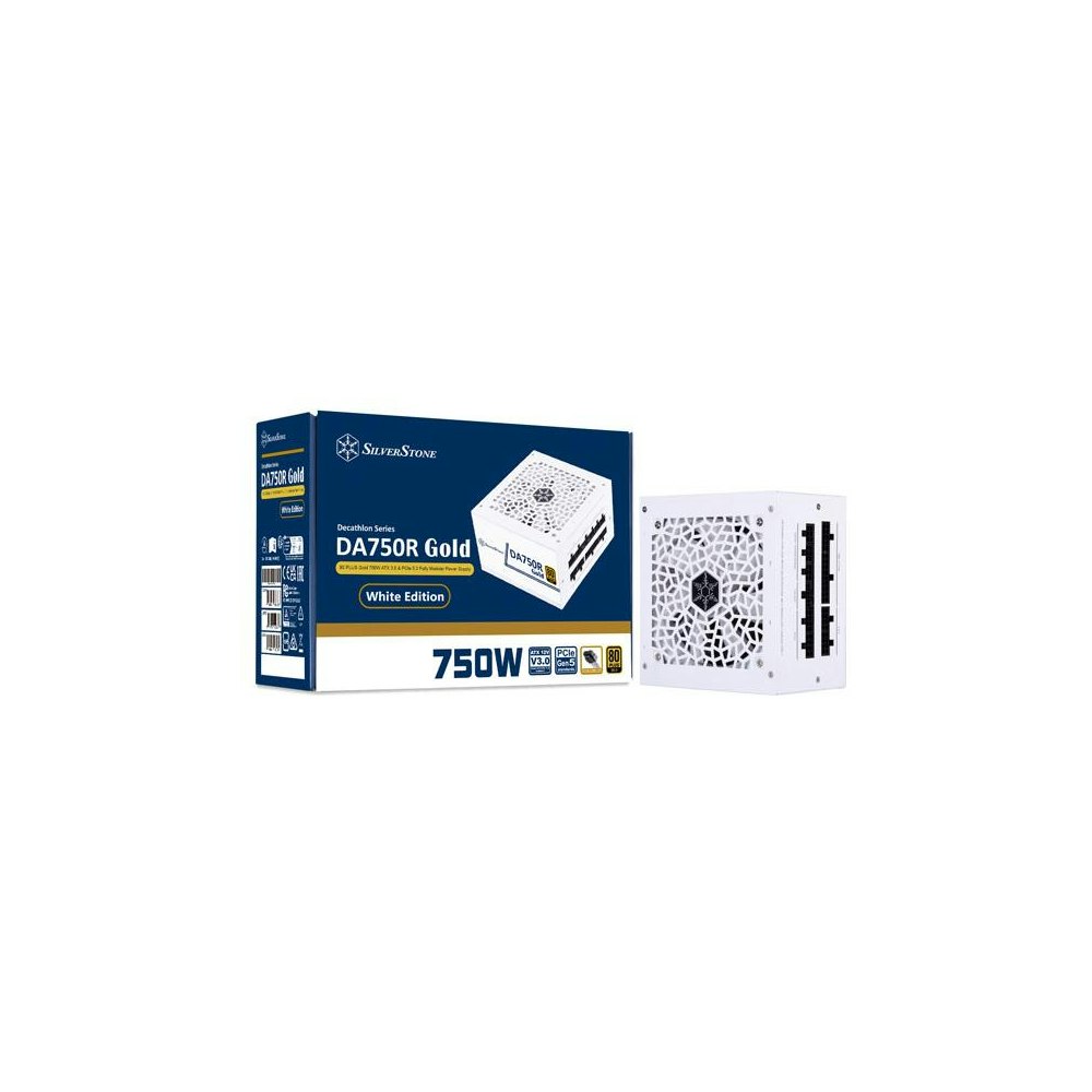 A large main feature product image of SilverStone 750W 80+ Gold PCIe Gen5 ATX 3.0 Fully Modular PSU - White