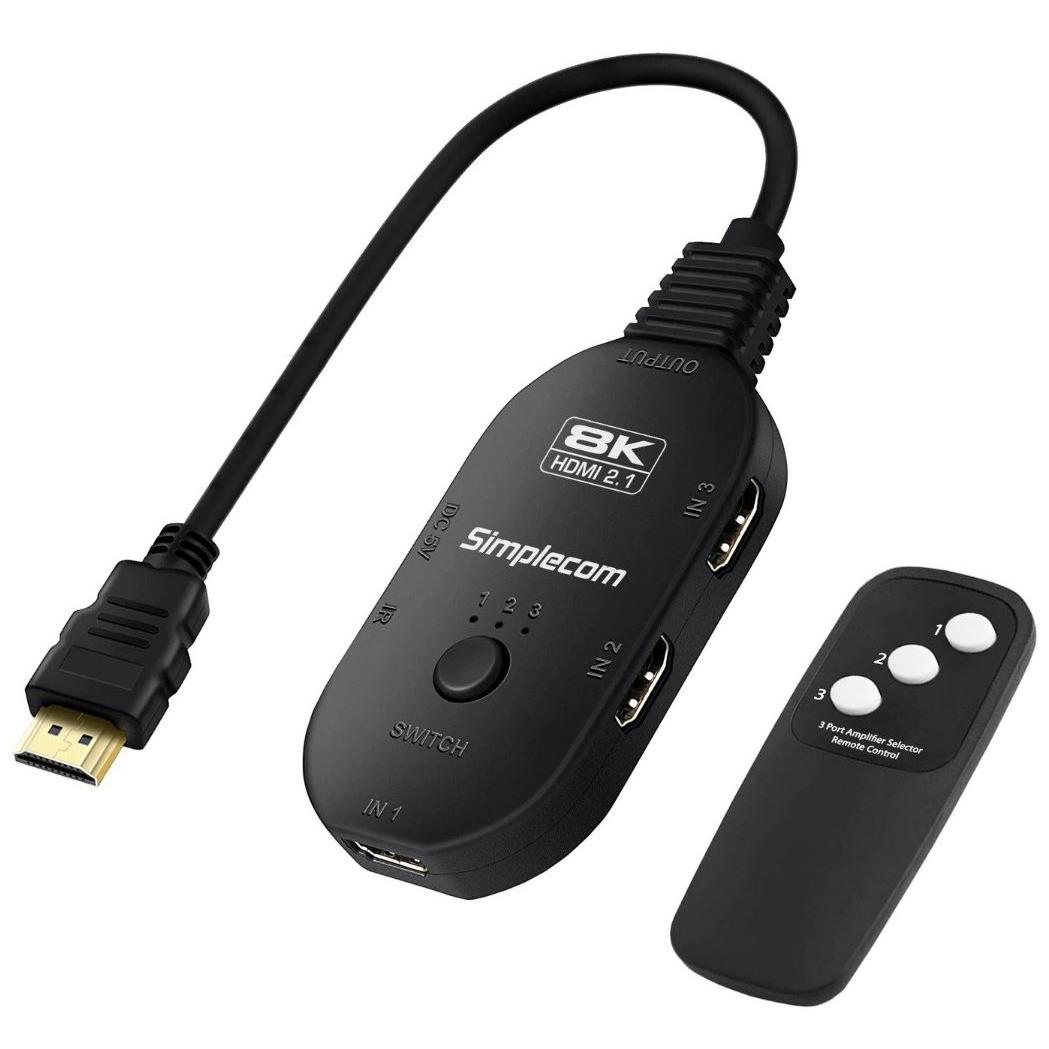 A large main feature product image of Simplecom CM353 3-Port HDMI 2.1 Switch 3 IN 1 OUT Splitter HDCP 2.3 8K@60Hz