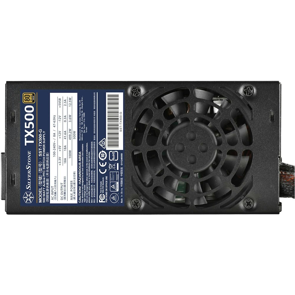 A large main feature product image of SilverStone TX500 500W Gold TFX PSU