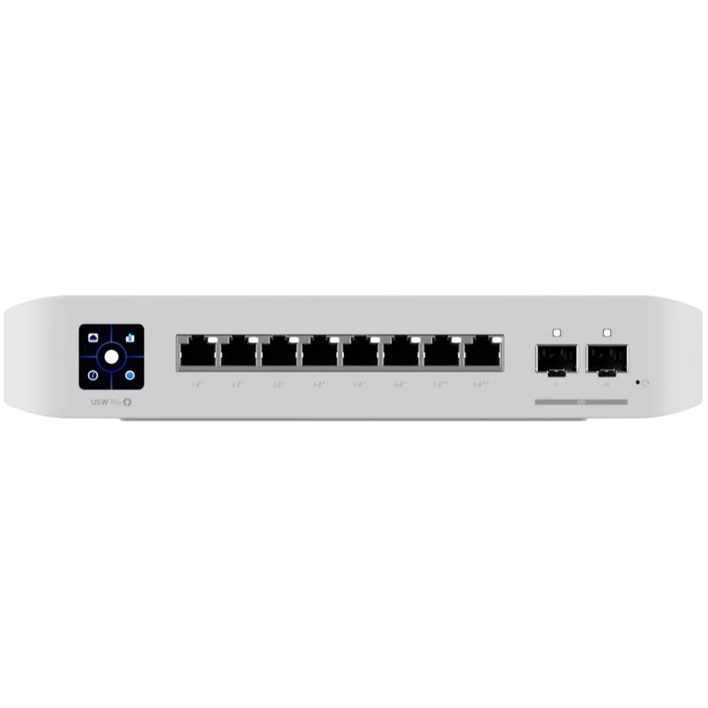 A large main feature product image of Ubiquiti UniFi Pro 8-Port 1GbE Layer 3 Managed PoE++ Switch