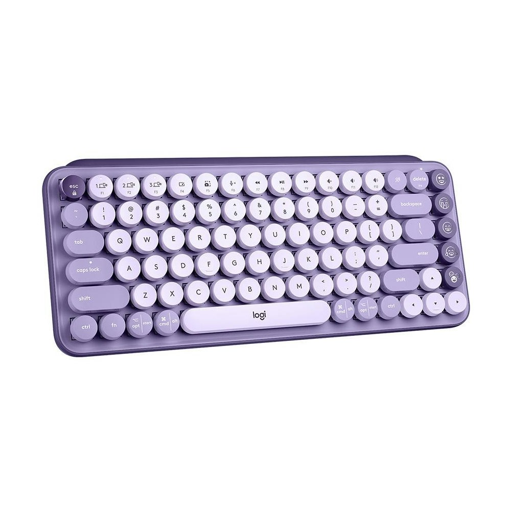 A large main feature product image of Logitech POP Keys Wireless Mechanical Emoji Keyboard - Cosmos Lavender