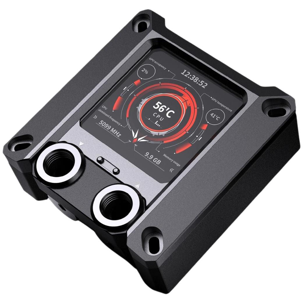 A large main feature product image of Bykski Granzon Digital Display Intel CPU Water Block