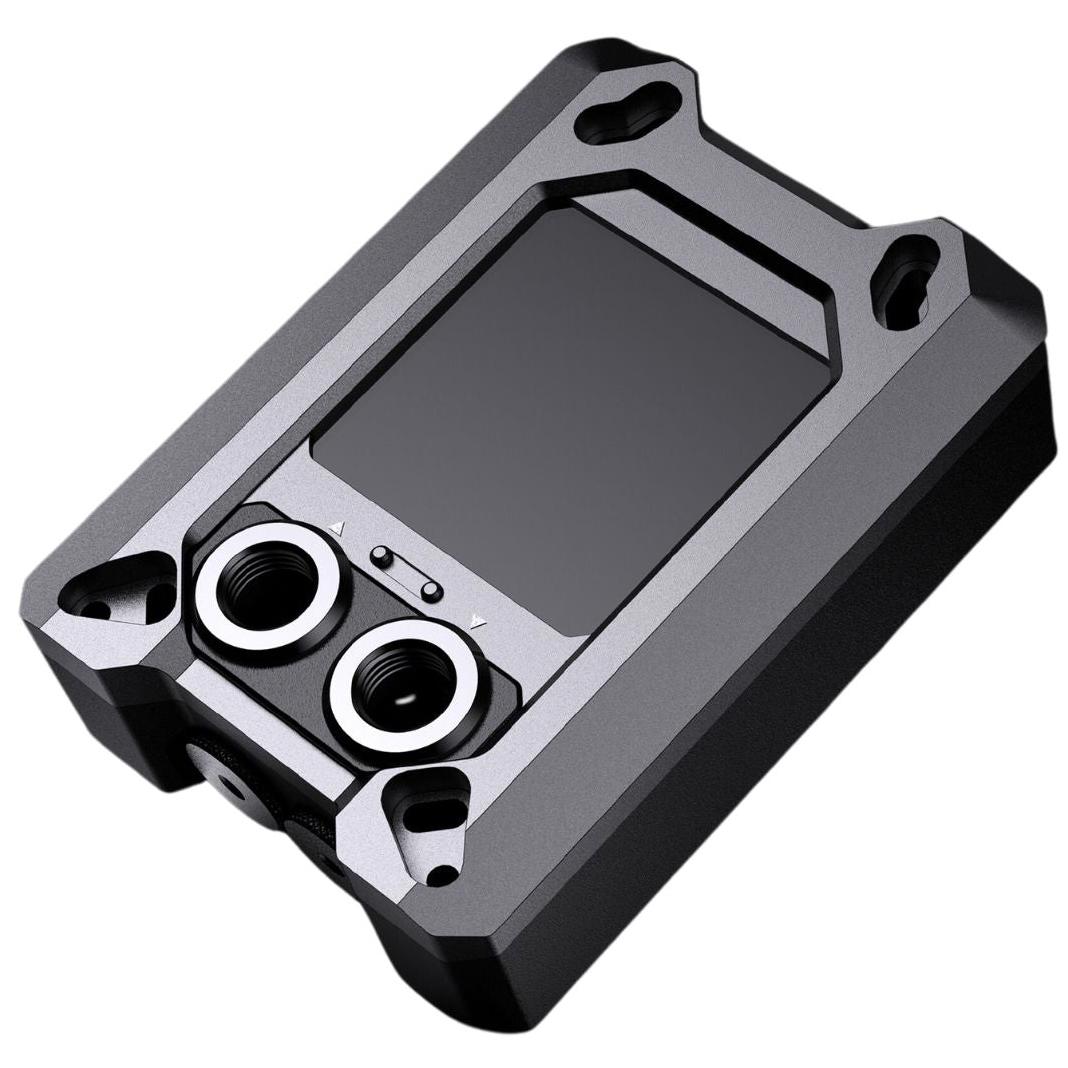 A large main feature product image of Bykski Granzon Digital Display AMD CPU Water Block