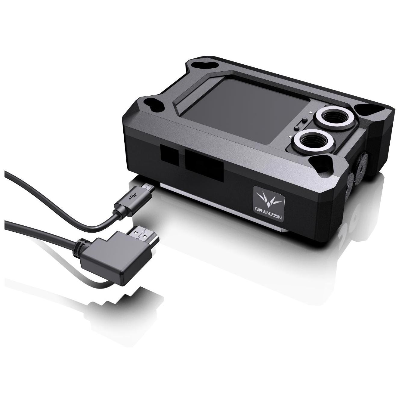 A large main feature product image of Bykski Granzon Digital Display AMD CPU Water Block