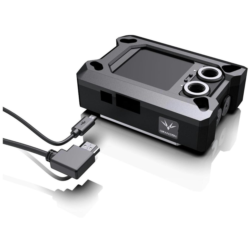 A large main feature product image of Bykski Granzon Digital Display AMD CPU Water Block