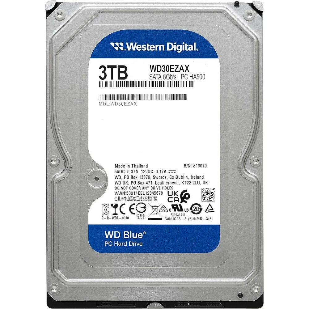 A large main feature product image of WD Blue 3.5" Desktop HDD - 3TB 256MB