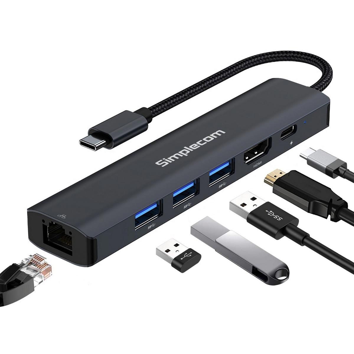 A large main feature product image of Simplecom USB Type-C SuperSpeed 6-in-1 Multiport Adapter Docking Station