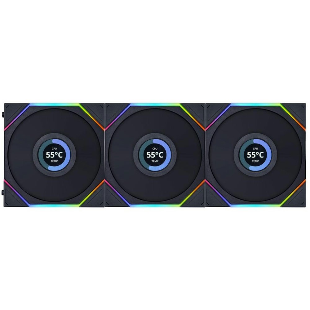 A large main feature product image of Lian Li UNI FAN TL120 LCD - 120mm Modular LCP Fan 3-Pack w/ Controller (Black)