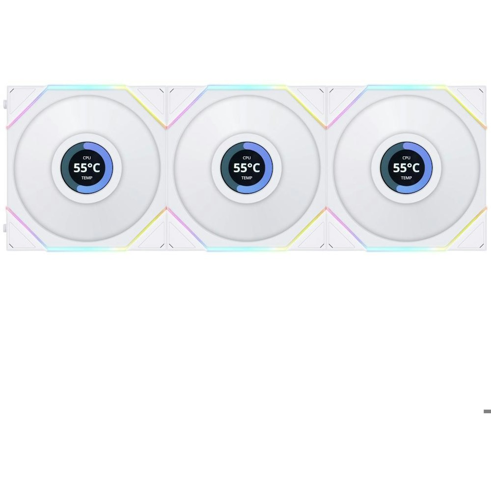 A large main feature product image of Lian Li UNI Fan TL LCD 120 120mm Fan Triple Pack - White