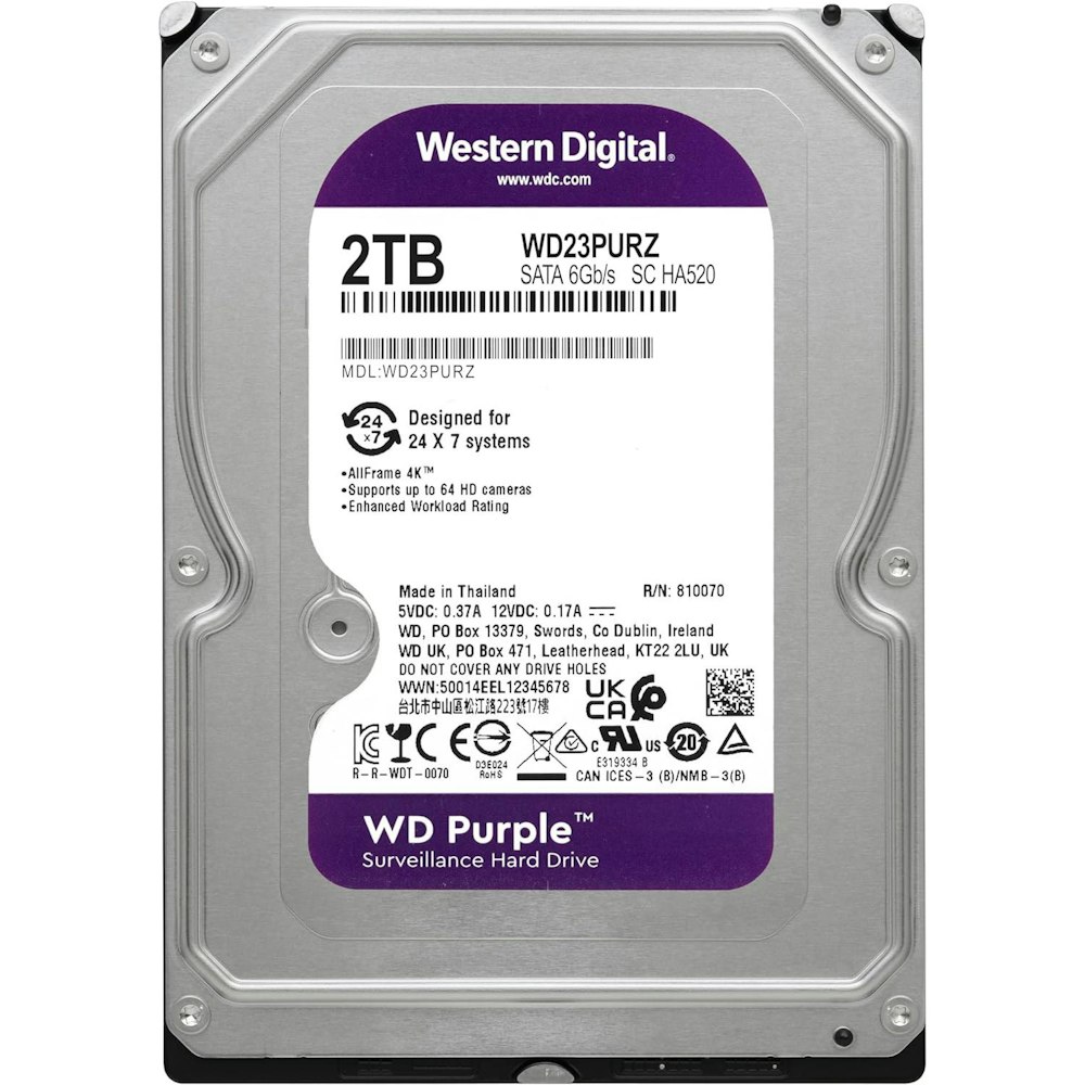 A large main feature product image of WD Purple 3.5" Surveillance HDD - 2TB 64MB