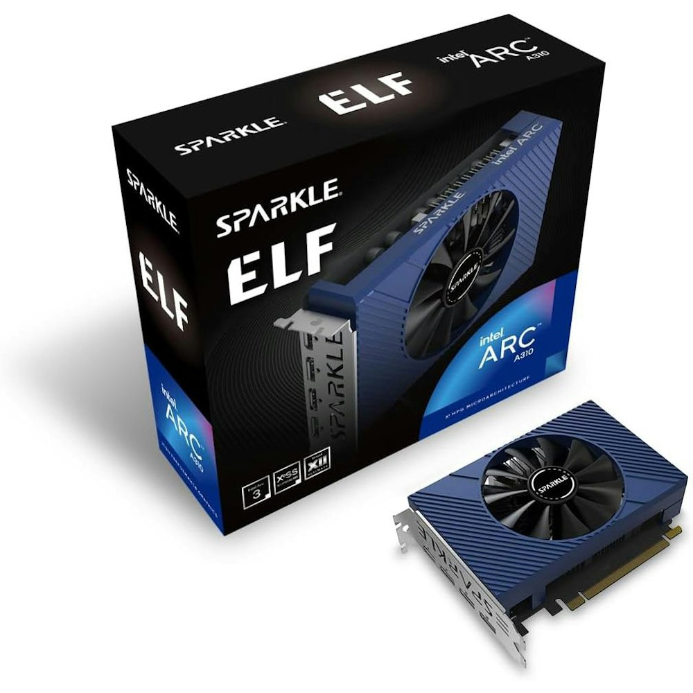 A large main feature product image of SPARKLE Intel Arc A310 ELF 4GB GDDR6