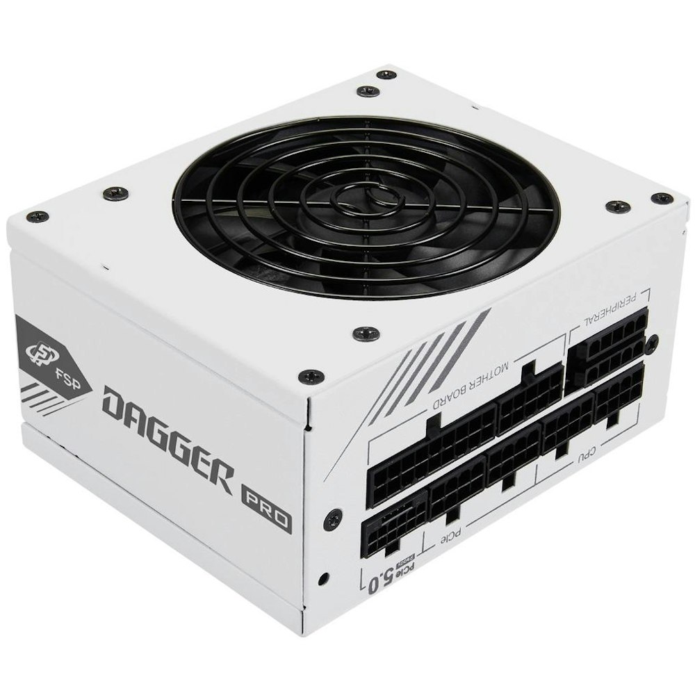 A large main feature product image of FSP Dagger PRO 850W Gold PCIe 5.0 SFX Modular PSU - White