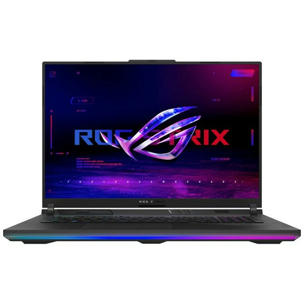 A large main feature product image of ASUS ROG Strix SCAR 18 (G834) - 18" 240Hz OLED, 14th Gen i9, RTX 4080, 16GB/2TB - Win 11 Gaming Notebook