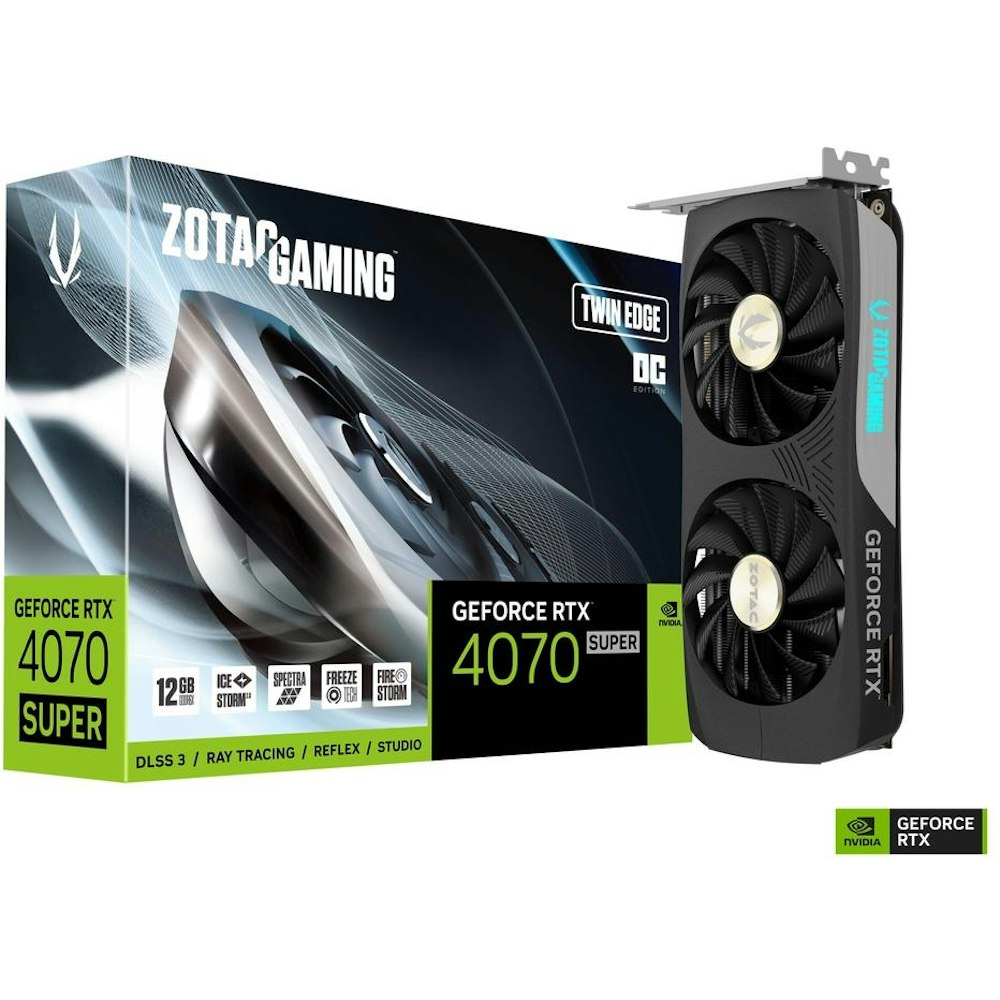 A large main feature product image of ZOTAC GAMING GeForce RTX 4070 SUPER OC Twin 12GB GDDR6X