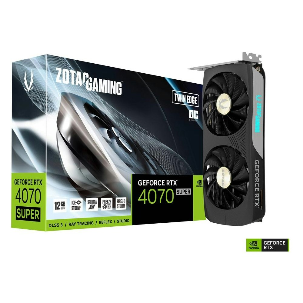 A large main feature product image of ZOTAC GAMING GeForce RTX 4070 SUPER OC TWIN 12GB GDDR6X