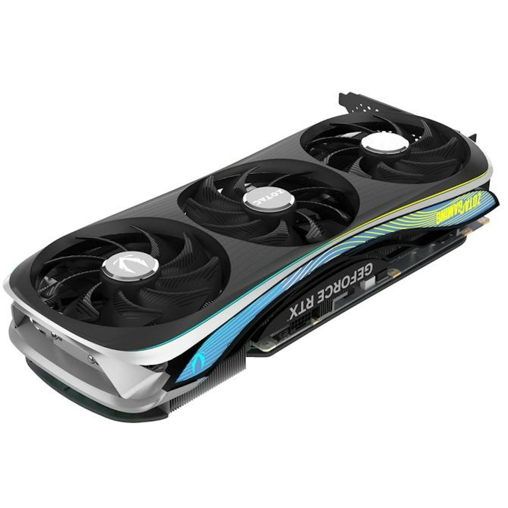 A large main feature product image of ZOTAC GAMING GeForce RTX 4080 SUPER AMP Extreme Airo 16GB GDDR6X