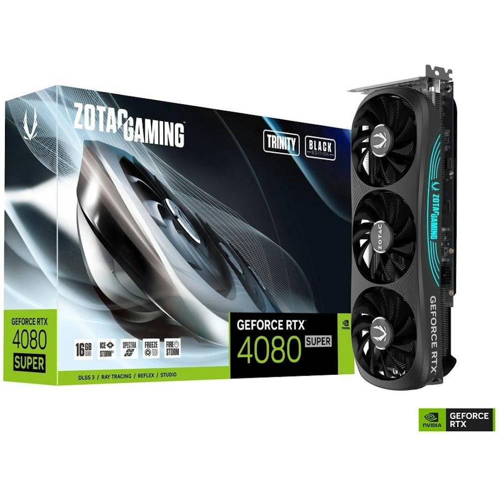A large main feature product image of ZOTAC GAMING GeForce RTX 4080 SUPER Trinity Black 16GB GDDR6X