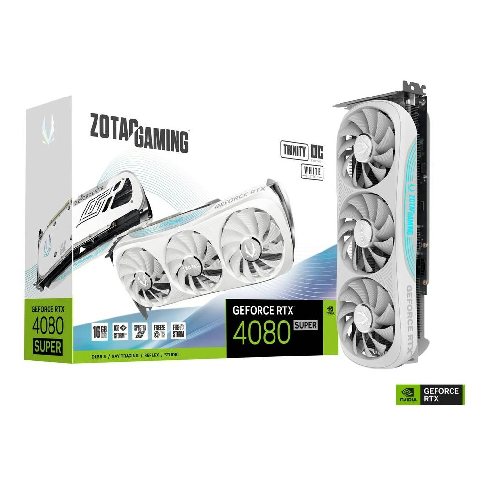 A large main feature product image of ZOTAC GAMING GeForce RTX 4080 SUPER Trinity OC White 16GB GDDR6X