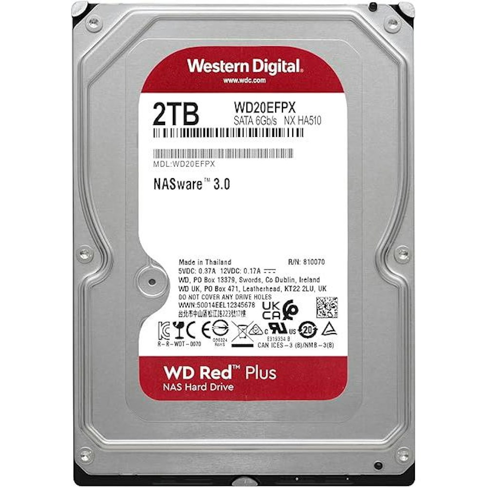 A large main feature product image of WD Red Plus 3.5" NAS HDD - 2TB 64MB