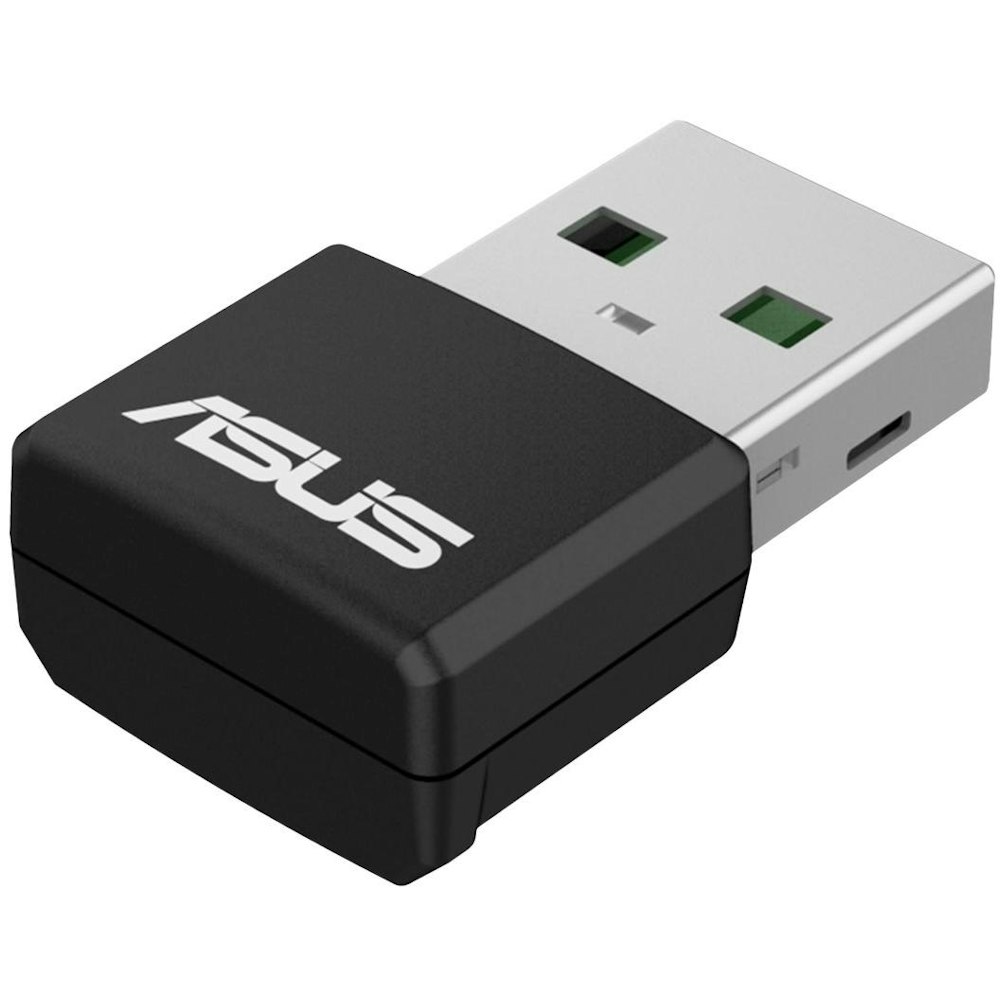 A large main feature product image of ASUS USB-AX55 Nano AX1800 Dual Band WiFi 6 USB Adapter