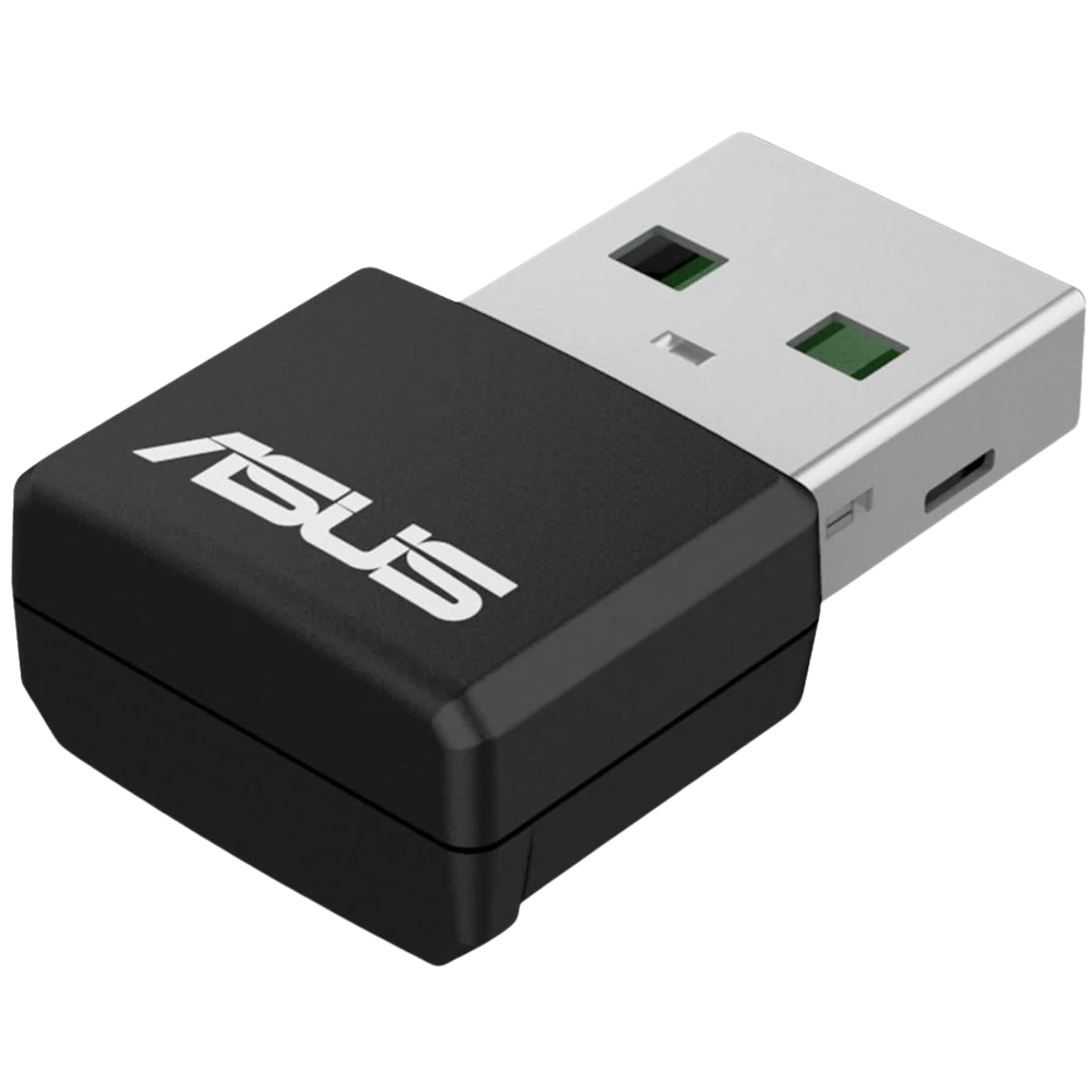 A large main feature product image of ASUS USB-AX55 Nano AX1800 Dual Band WiFi 6 USB Adapter