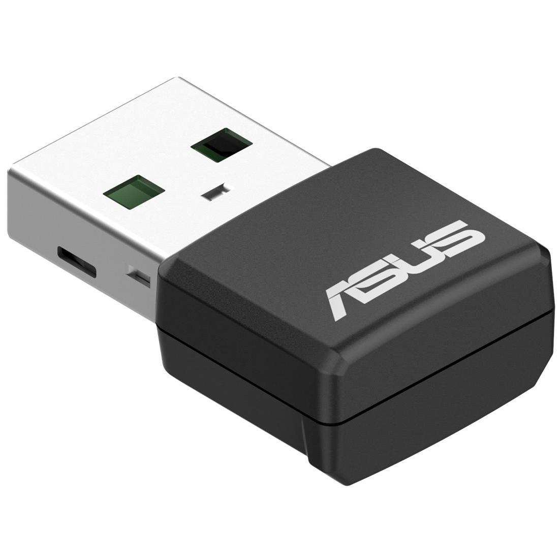 A large main feature product image of ASUS USB-AX55 Nano AX1800 Dual Band WiFi 6 USB Adapter