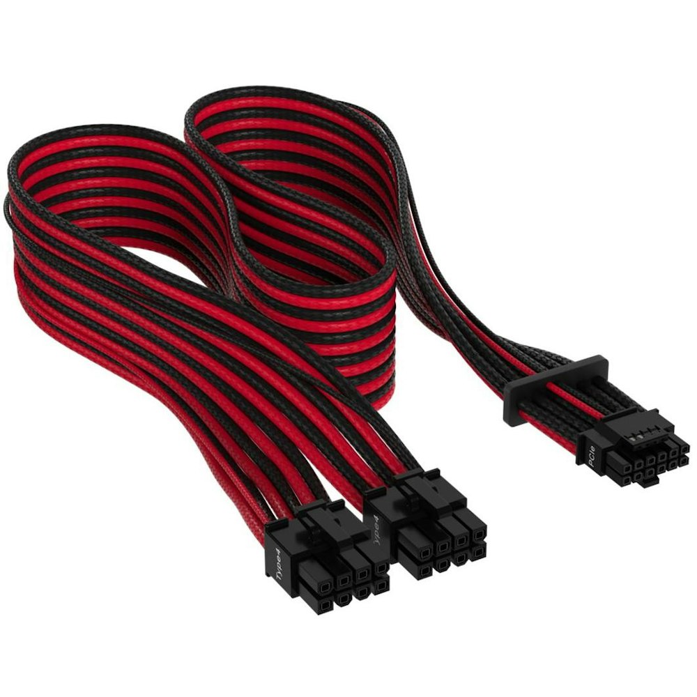 A large main feature product image of Corsair Premium Individually Sleeved 12+4pin PCIe Gen 5 12VHPWR 600W cable, Type 4, RED/BLACK
