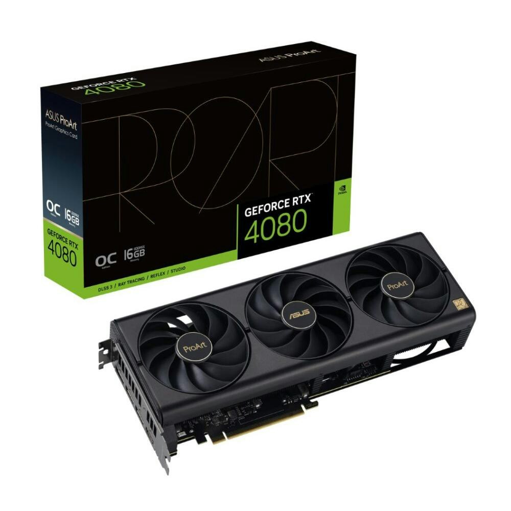 A large main feature product image of ASUS GeForce RTX 4080 SUPER ProArt OC 16GB GDDR6X 