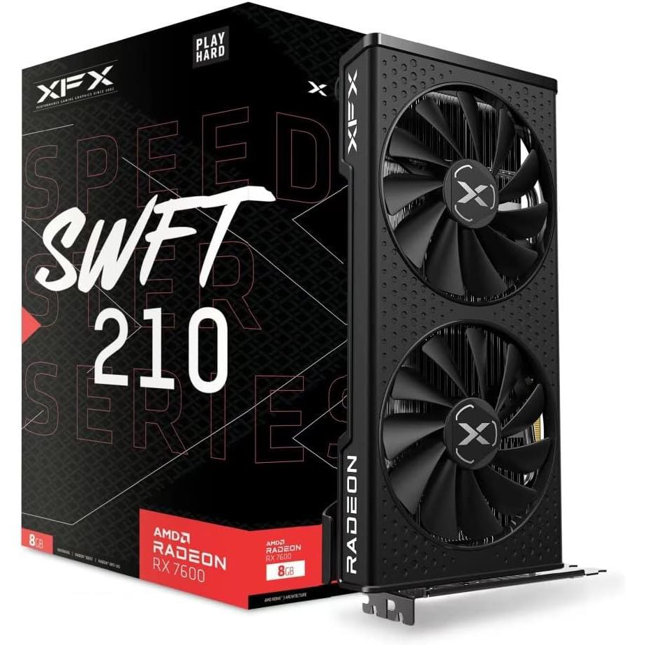 A large main feature product image of XFX Radeon RX 7600 Speedster SWFT 210 8GB GDDR6 