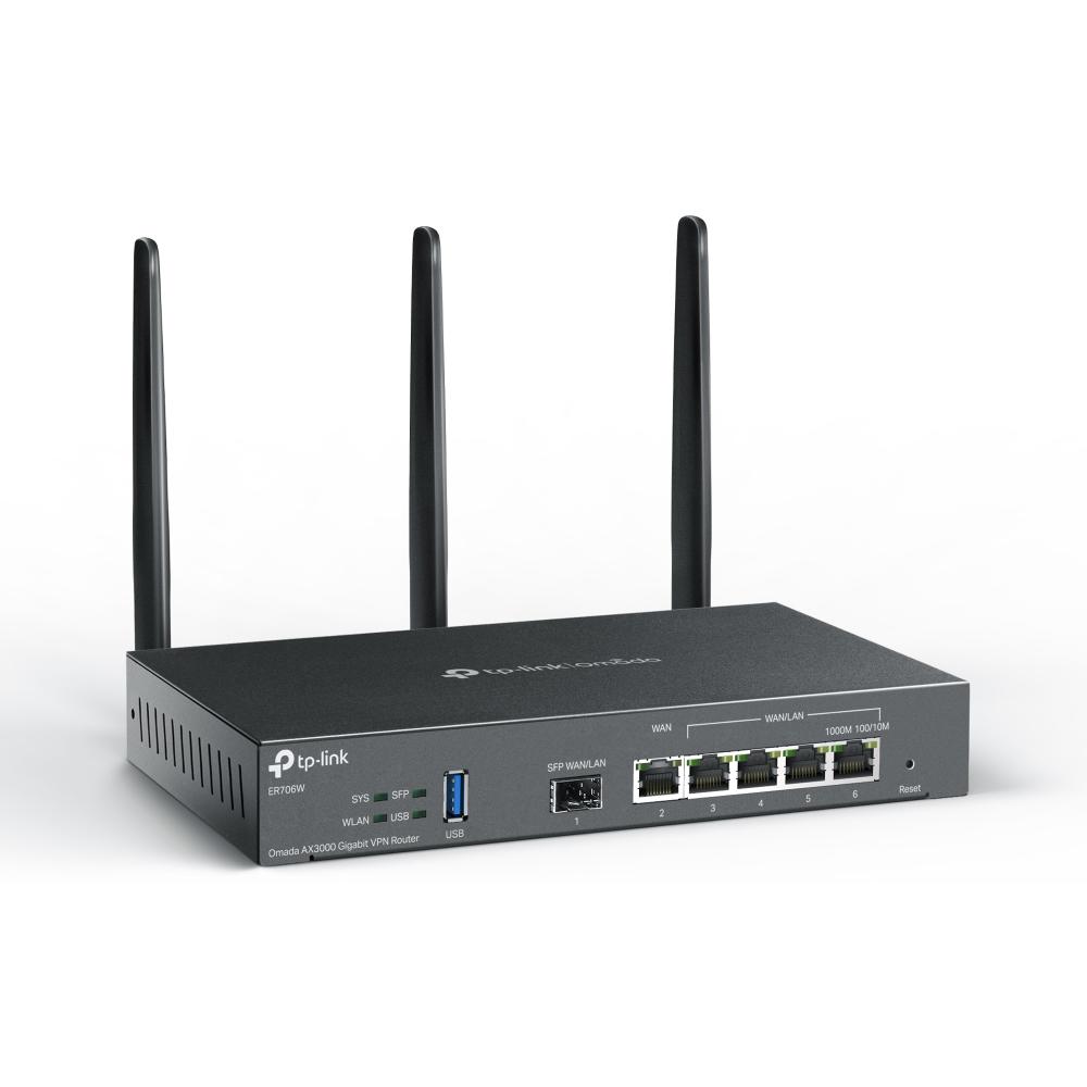 A large main feature product image of TP-Link Omada ER706W - AX3000 Multi-Gigabit Wi-Fi 6 VPN Router