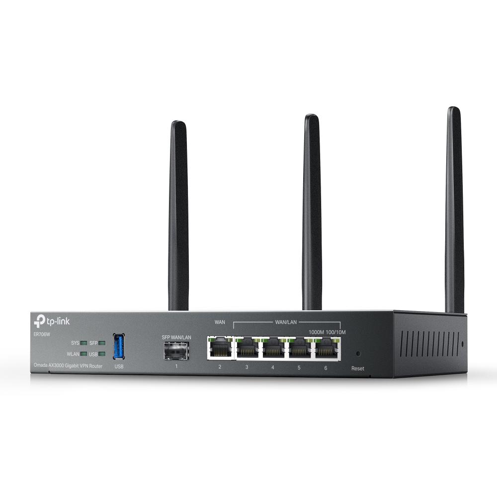 A large main feature product image of TP-Link Omada ER706W - AX3000 Multi-Gigabit Wi-Fi 6 VPN Router