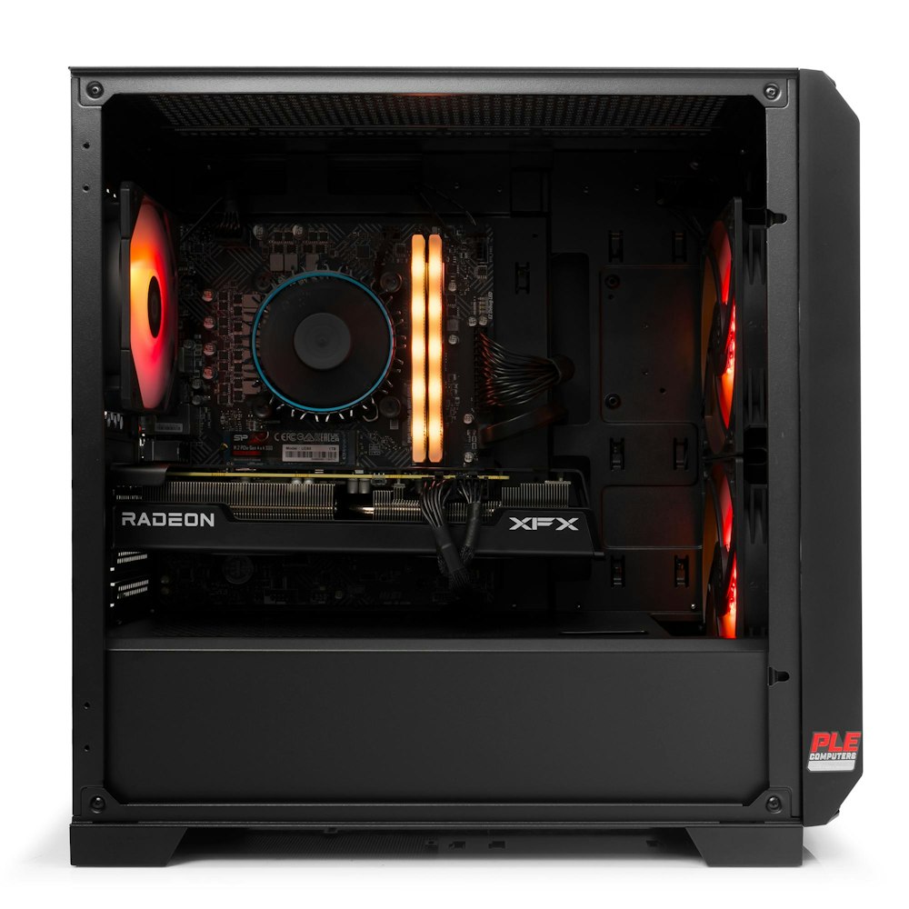 A large main feature product image of PLE Flare RX 7600 XT Prebuilt Ready To Go Gaming PC
