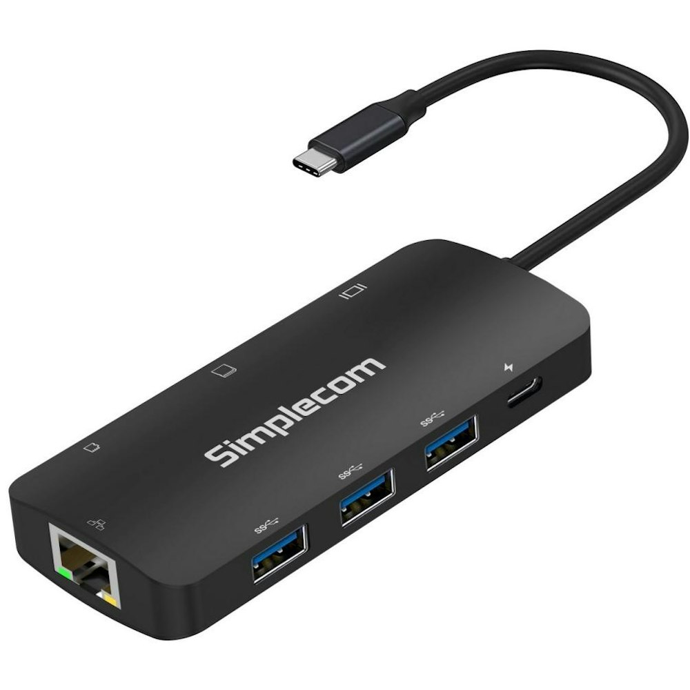 A large main feature product image of Simplecom CHT580 USB-C SuperSpeed 8-in-1 Multiport Docking Station
