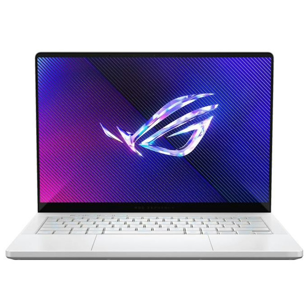 A large main feature product image of ASUS ROG Zephyrus G14 (GA403) - 14" 120Hz, Ryzen 9, RTX 4050, 16GB/512GB - Win 11 Gaming Notebook (White)
