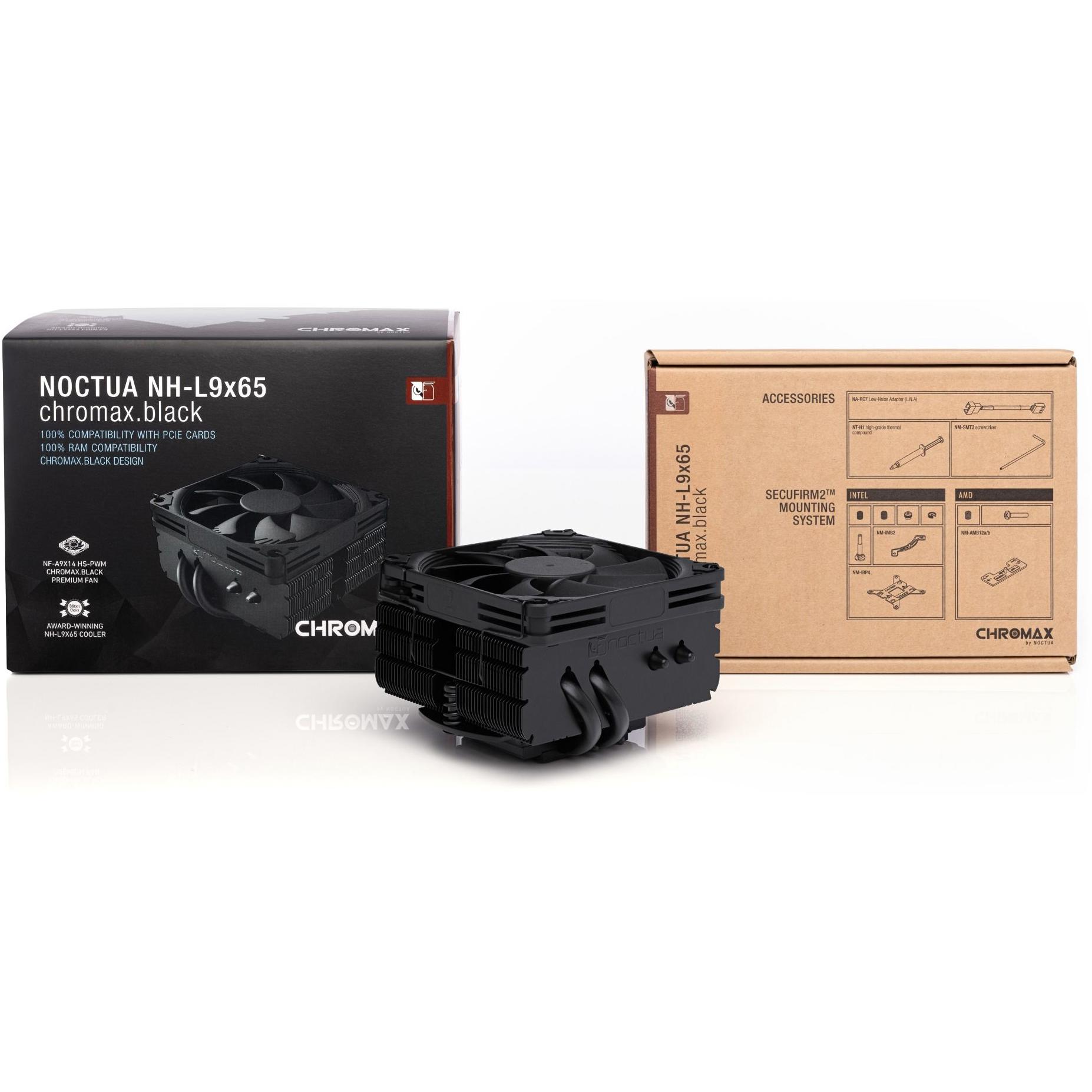 A large main feature product image of Noctua NH-L9x65 Chromax Black - Low Profile Multi-Socket CPU Cooler