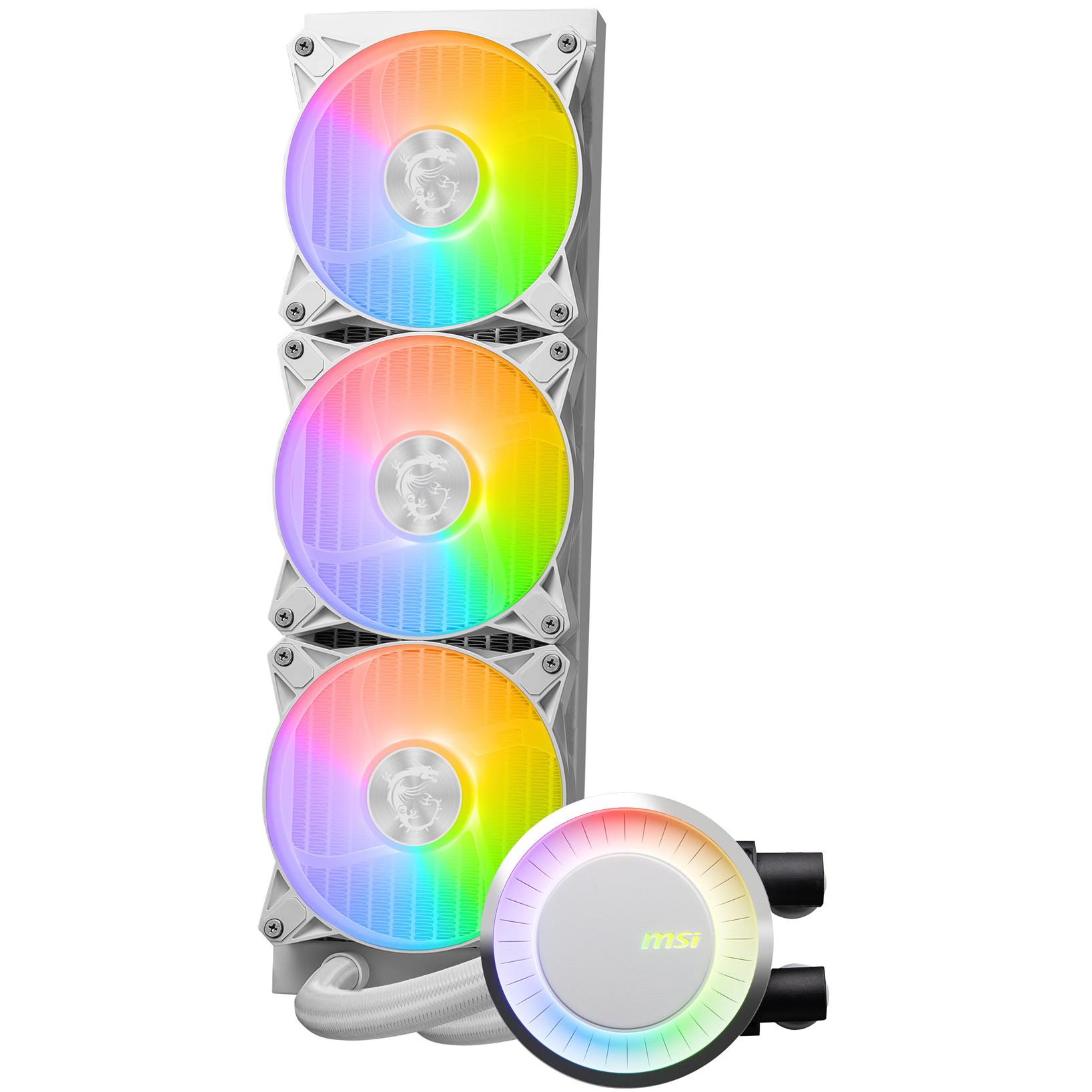 A large main feature product image of MSI MAG CoreLiquid E360 360mm AIO CPU Cooler - White