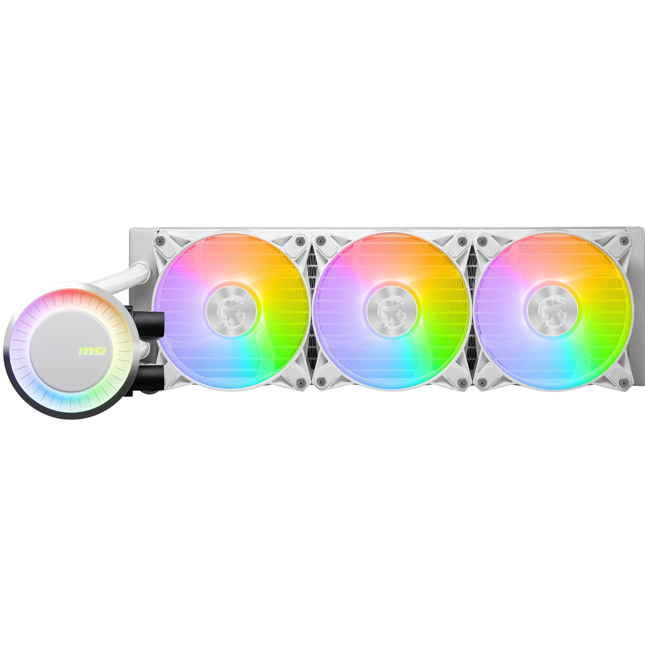 A large main feature product image of MSI MAG CoreLiquid E360 360mm AIO CPU Cooler - White