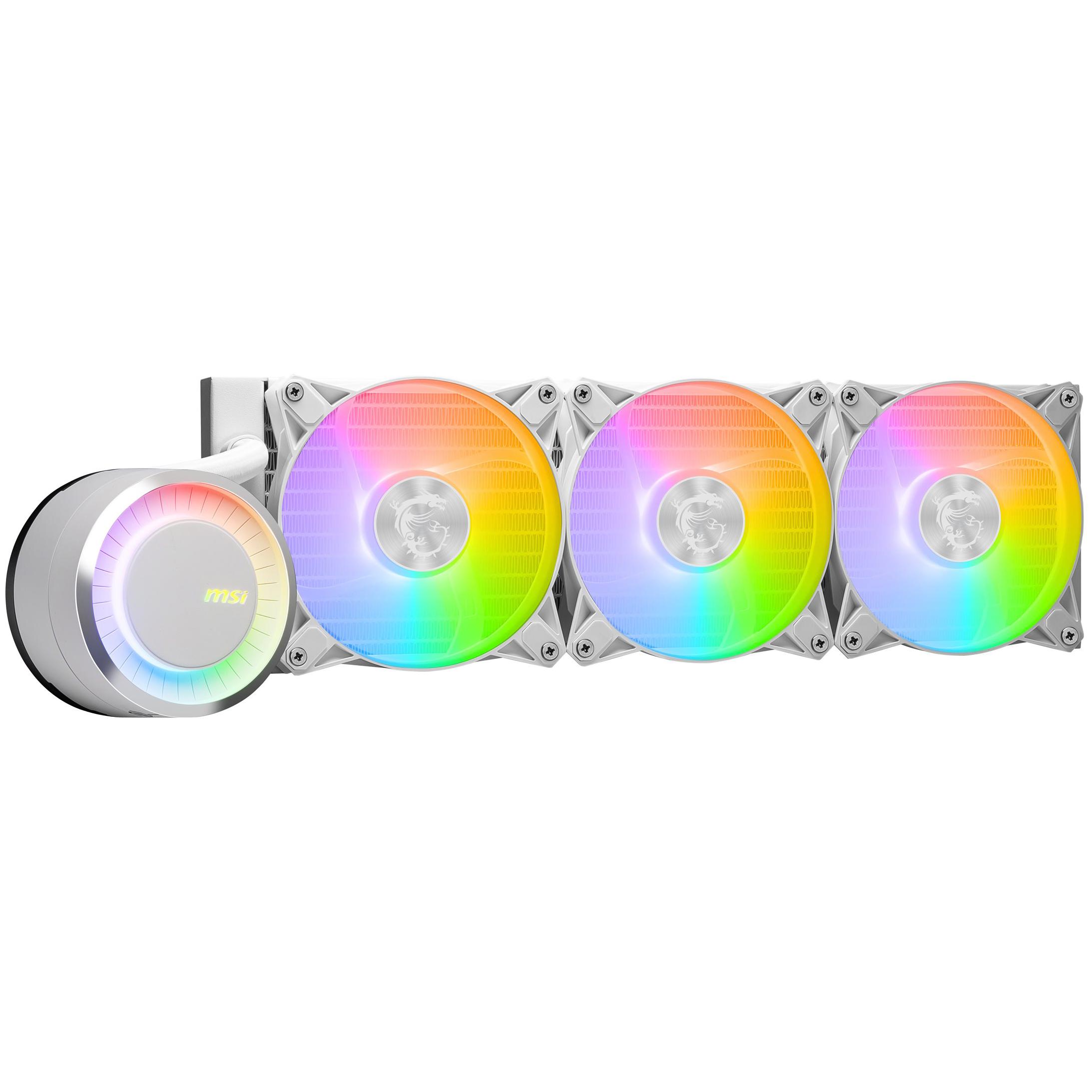 A large main feature product image of MSI MAG CoreLiquid E360 360mm AIO CPU Cooler - White