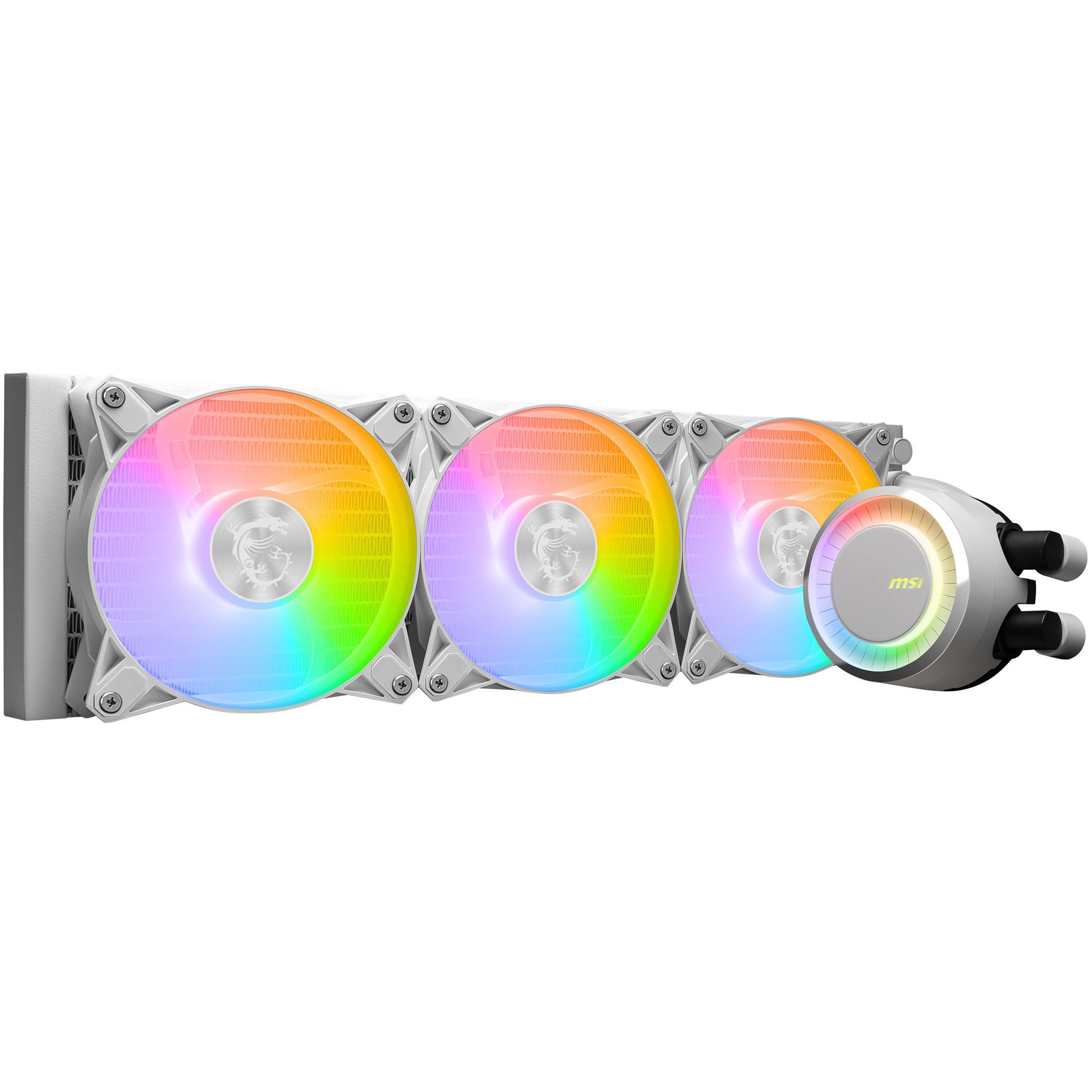 A large main feature product image of MSI MAG CoreLiquid E360 360mm AIO CPU Cooler - White