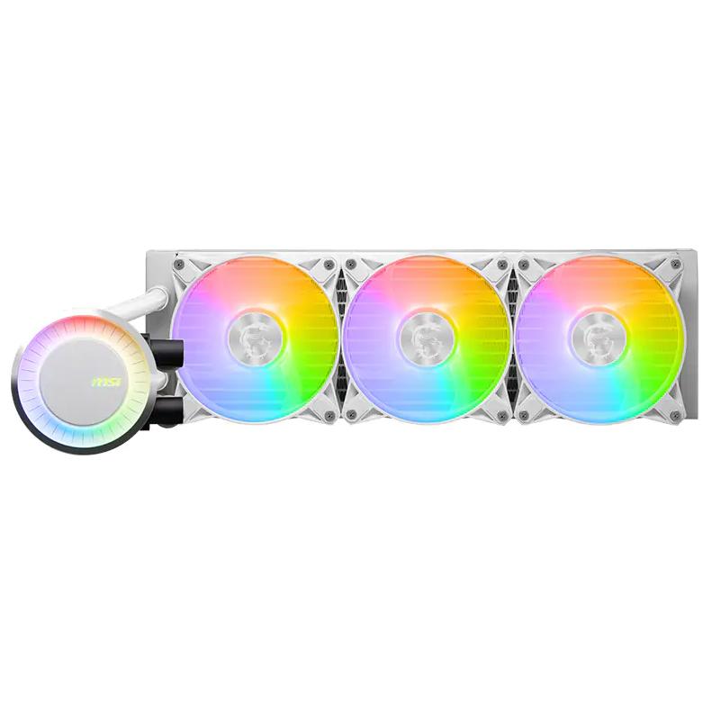 A large main feature product image of MSI MAG CoreLiquid E360 360mm AIO CPU Cooler - White