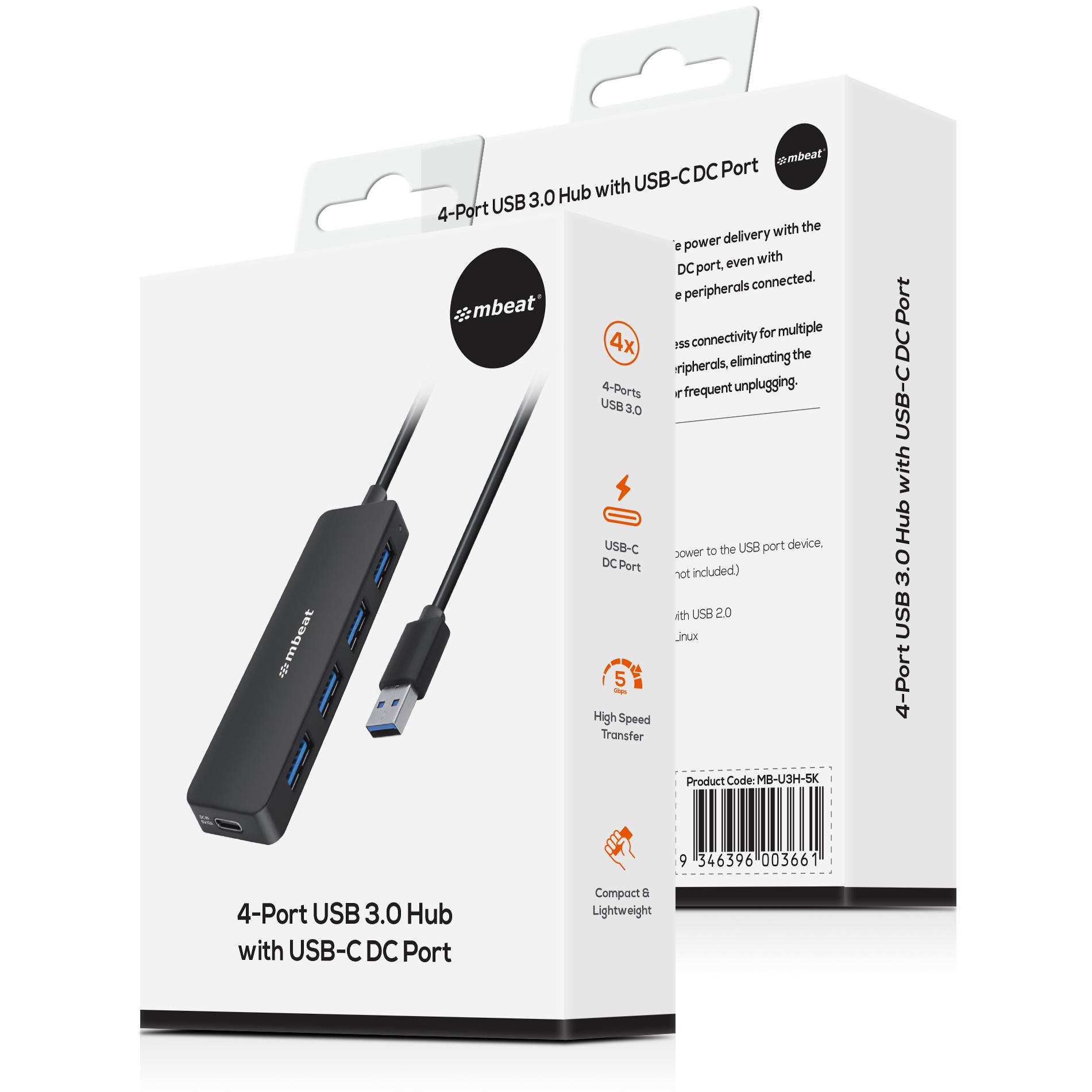 A large main feature product image of mbeat 4-Port USB-A 3.0 Hub with DC Port