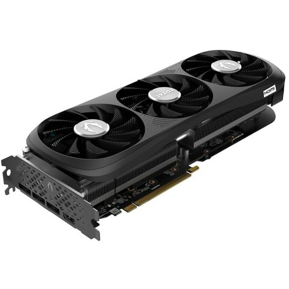 A large main feature product image of ZOTAC GAMING Geforce RTX 4070 SUPER Trinity Black 12GB GDDR6X