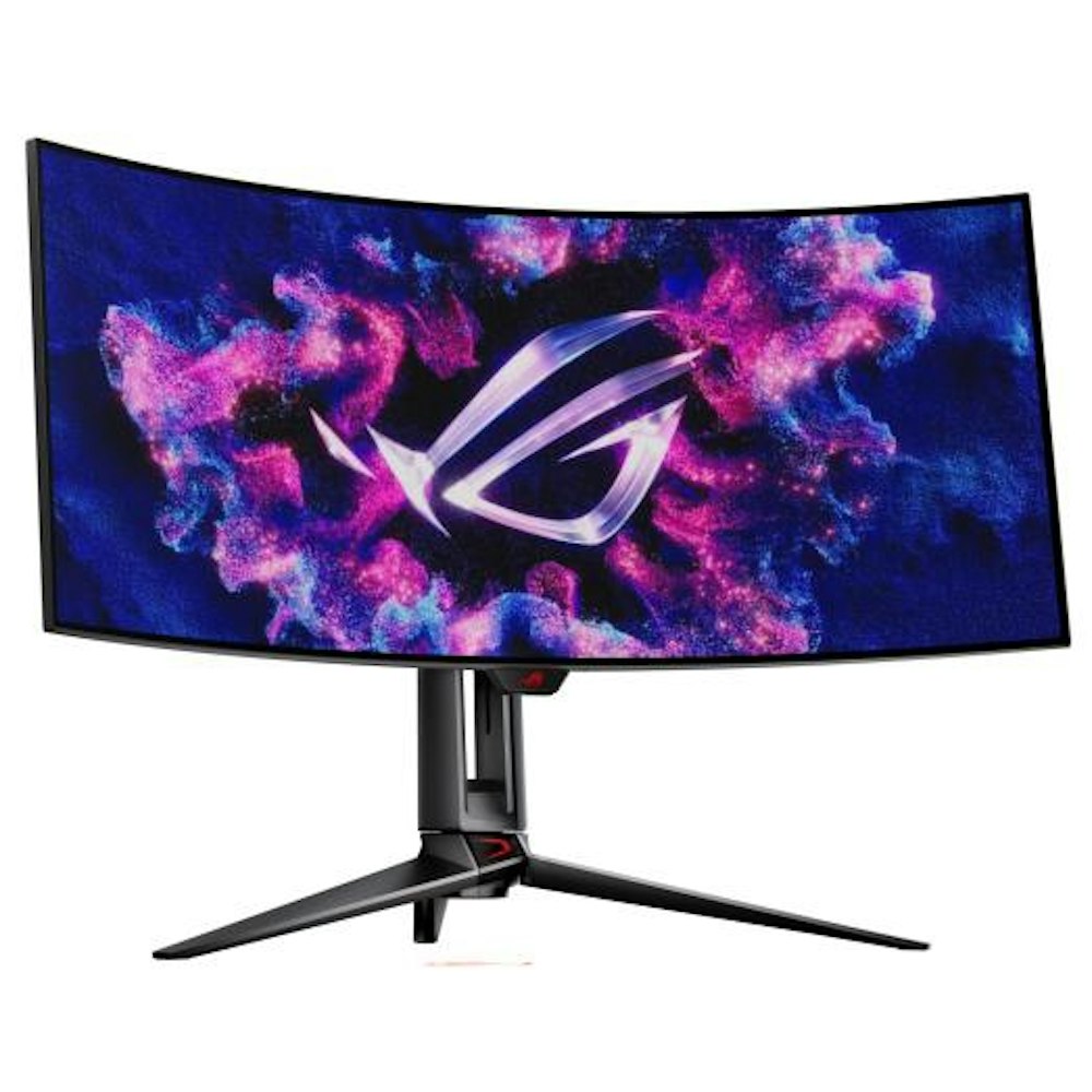 A large main feature product image of ASUS ROG Swift PG34WCDM 34" Curved UWQHD Ultrawide 240Hz OLED Monitor