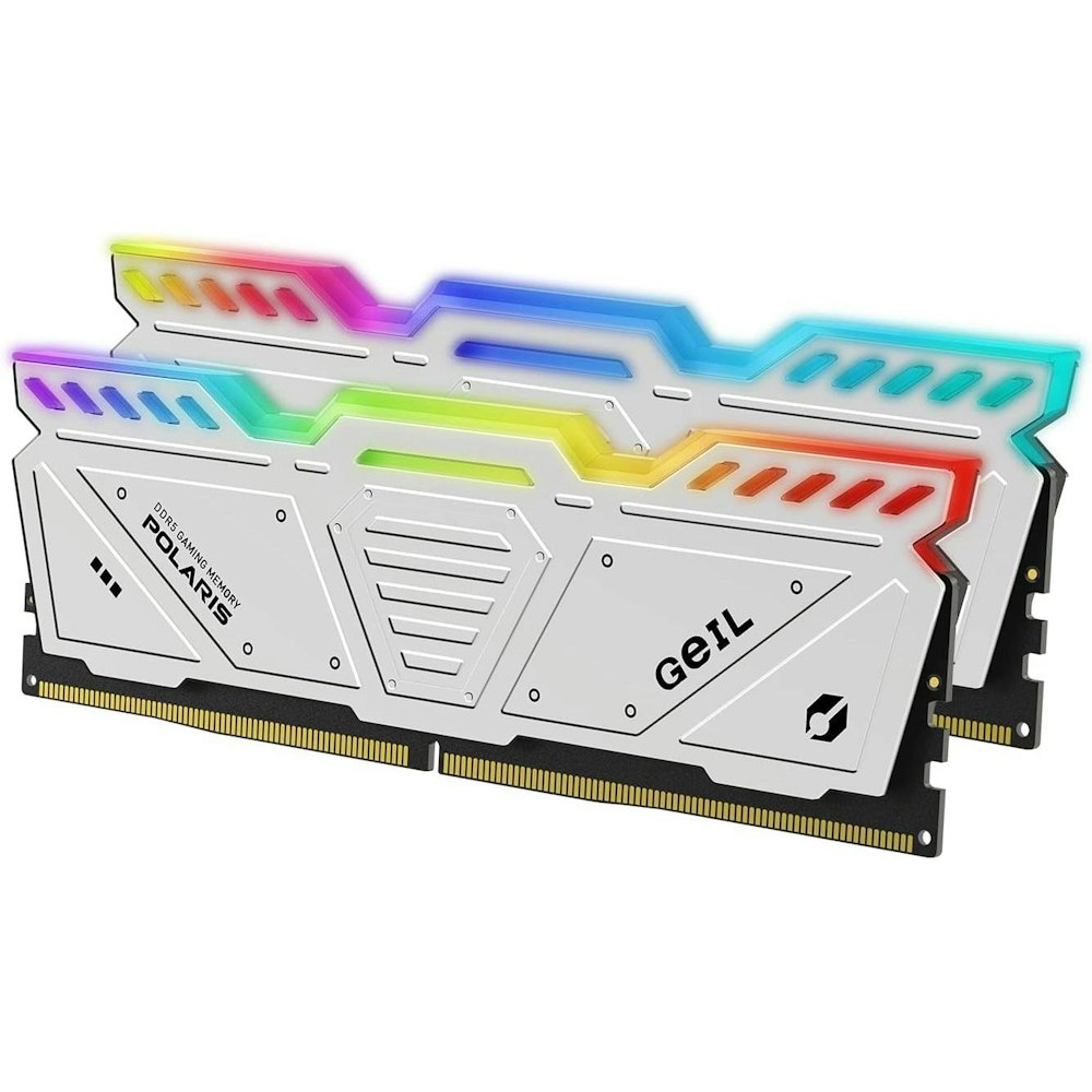 A large main feature product image of GeIL 32GB Kit (2x16GB) DDR5 Polaris AMD Edition RGB C38 6000MHz - White
