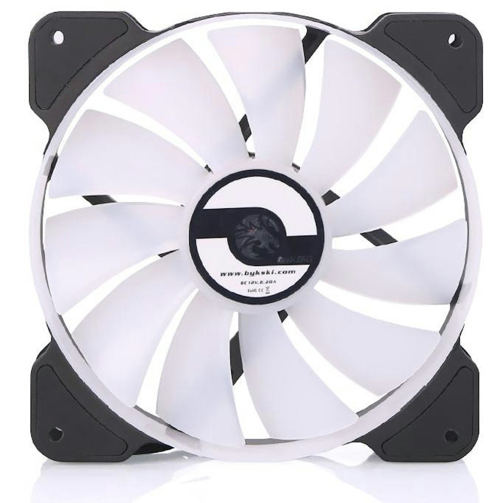 A large main feature product image of Bykski 120mm RGB PWM Black/White Cooling Fan