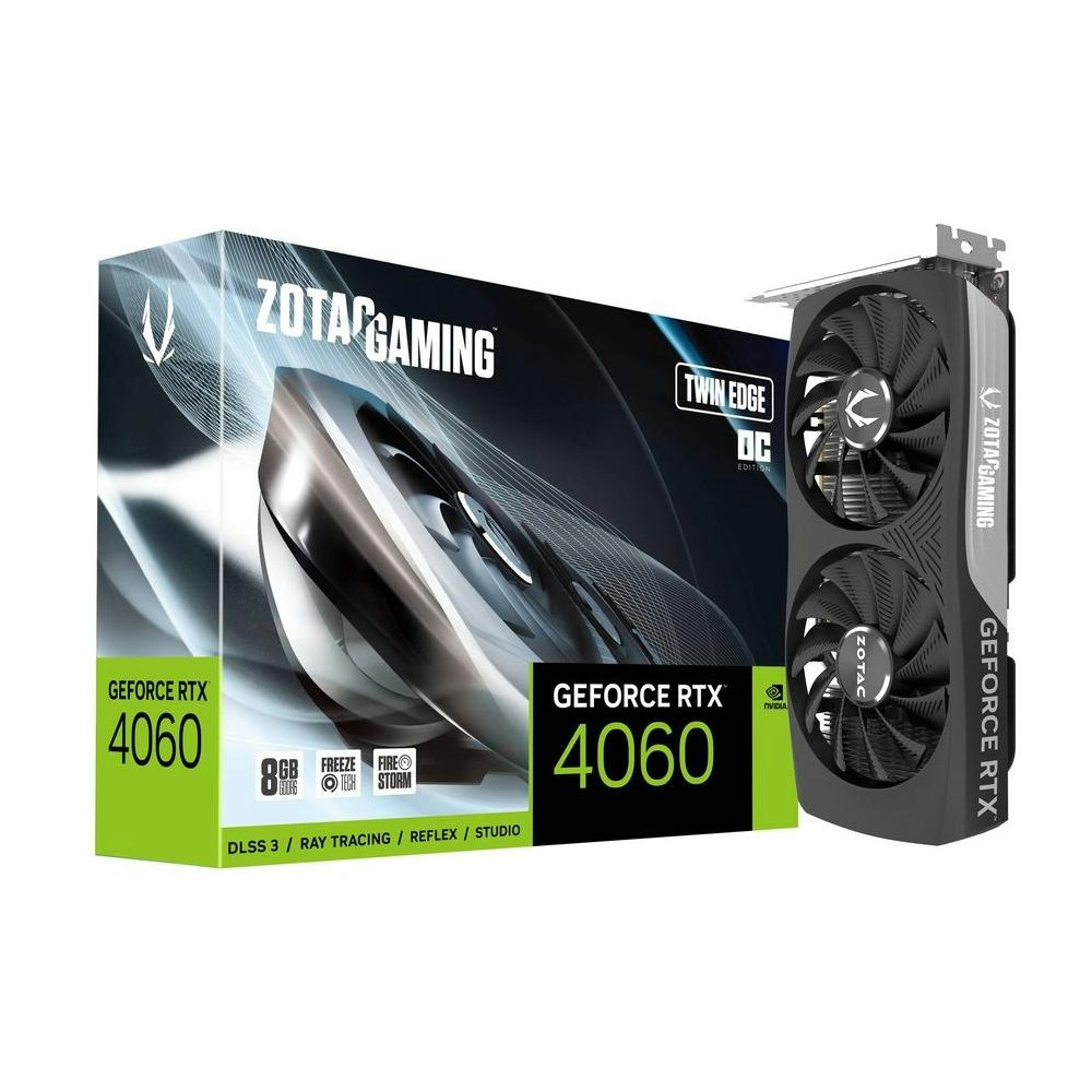 A large main feature product image of ZOTAC GAMING GeForce RTX 4060 8GB Twin Edge OC GDDR6
