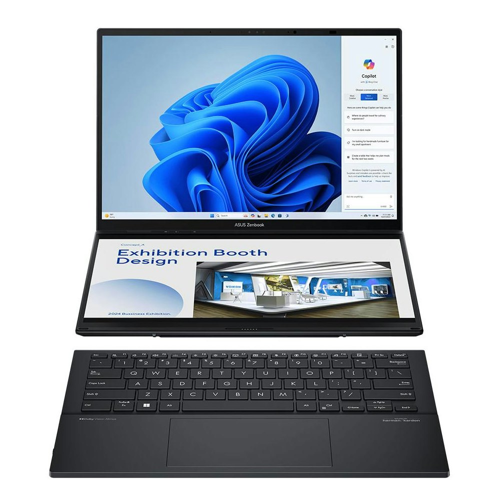 A large main feature product image of ASUS Zenbook DUO 3K OLED UX8406MA-PZ103W 14" 120Hz Ultra 9 185H Win 11 Home Notebook