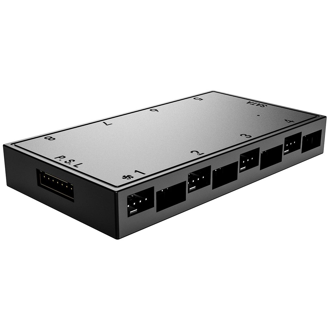 A large main feature product image of ID-COOLING HA-08 8-Port ARGB PWM Fan Hub