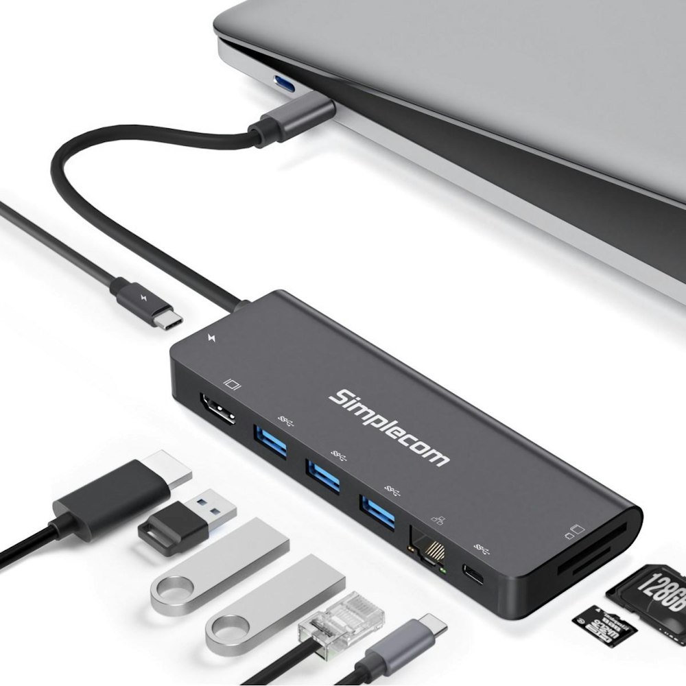 A large main feature product image of EX-DEMO Simplecom CHN590 SuperSpeed USB-C 9-in-1 Multiport Docking Station